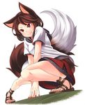  animal_ears blouse brooch brown_hair fang fang_out feet fingernails full_body imaizumi_kagerou jewelry miniskirt nail_polish red_eyes red_skirt sandals sharp_fingernails shirt shorts simple_background skirt smile solo tail tamahana toenail_polish toes touhou white_background white_blouse wolf_ears wolf_tail 