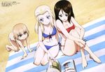  :i absurdres aircraft all_fours bandeau barefoot beach_towel bikini blonde_hair blue_bikini blue_eyes book breasts brown_hair clara_(girls_und_panzer) cleavage crusader_(tank) dutch_angle feet flat_chest front-tie_top girls_und_panzer ground_vehicle highres katyusha kay_(girls_und_panzer) leg_hug long_hair magazine magazine_scan medium_breasts megami military military_vehicle motor_vehicle multiple_girls navel nonna official_art ogura_noriko open_book pout red_bikini rosehip scan short_hair side-tie_bikini sitting swimsuit tank towel v-shaped_eyebrows wariza wavy_mouth white_bikini 