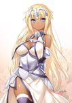  47agdragon alternate_skin_color armor armored_dress bare_shoulders blonde_hair breasts cleavage dark_skin detached_sleeves dress fate/apocrypha fate/grand_order fate_(series) grey_eyes grey_legwear headpiece highres jeanne_d'arc_(fate) jeanne_d'arc_(fate)_(all) large_breasts long_hair looking_at_viewer smile solo tan thighhighs thighs very_long_hair white_dress 