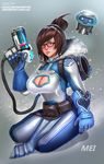  adapted_costume badcompzero bodysuit breasts brown_eyes brown_hair cleavage cleavage_cutout glasses gloves hair_bun large_breasts mei_(overwatch) overwatch robot short_hair snowball_(overwatch) solo weapon 