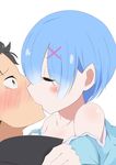  1girl bare_shoulders black_hair blue_eyes blush breasts brown_hair clavicle eyes_closed hair_over_one_eye high_resolution kiss komanechinjar3104 looking_at_viewer maid medium_breasts natsuki_subaru re:zero_kara_hajimeru_isekai_seikatsu rem_(re:zero) short_hair simple_background very_high_resolution white_background x_hair_ornament 