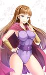  bad_id bad_pixiv_id bangs blonde_hair blue_eyes blunt_bangs breasts cape chocho_(homelessfox) covered_navel earrings finger_to_face game_queen hand_on_hip jewelry korean large_breasts leotard long_hair looking_at_viewer narara_superboard parted_lips purple_leotard solo 