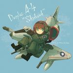  2014 a-4_skyhawk aircraft airplane artist_name asterisk_kome brown_eyes cockpit dated fighter_jet flying green_eyes headphones jet jet_engine mecha_musume military military_uniform military_vehicle original smile solo uniform wings 