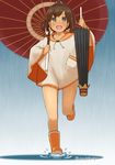  boots brown_eyes brown_hair capriccyo closed_umbrella highres i-401_(kantai_collection) kantai_collection orange_footwear oriental_umbrella poncho ponytail puddle rain rubber_boots running sailor_collar short_ponytail solo splashing swimsuit swimsuit_under_clothes tan twitter_username umbrella water 