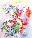  charmeleon claws clenched_teeth evolution fangs fire full_body gen_1_pokemon ivysaur kuitsuku looking_at_viewer no_humans open_mouth pokemon pokemon_(creature) poking red_eyes standing teeth traditional_media wartortle watercolor_(medium) 