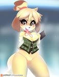  2016 animal_crossing anthro areola blonde_hair blush bottomless breasts canine clothed clothing dog female hair hi_res holding_object isabelle_(animal_crossing) looking_at_viewer mammal nintendo nipples open_mouth patreon pussy shih_tzu solo tongue tongue_out tsampikos video_games 