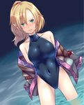  blonde_hair competition_swimsuit covered_navel green_eyes highleg highleg_swimsuit long_hair mendou_saya mizuhashi_parsee one-piece_swimsuit pointy_ears ponytail ripples solo standing swimsuit touhou turtleneck wading 