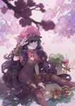  breasts cherry_blossoms cleavage curly_hair green_eyes hat heart highres league_of_legends long_hair looking_at_viewer lulu_(league_of_legends) medium_breasts petals pix pointy_ears purple_hair purple_legwear salute smile staff teanip thighhighs very_long_hair 