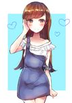  adjusting_hair arm_at_side arm_up blue_background blush border brown_eyes brown_hair buckle closed_mouth collarbone commentary_request cowboy_shot dress eyebrows eyebrows_visible_through_hair hand_in_hair highres kantai_collection long_hair looking_at_viewer mochiko_(mocchikkoo) off-shoulder_shirt off_shoulder ooi_(kantai_collection) overalls shirt short_dress simple_background solo standing strap_slip thigh_gap white_border white_shirt 