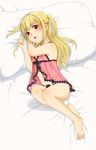  bed blonde_hair blush feet frills from_above long_hair looking_at_viewer maria_holic nightgown open_mouth panties pillow red_eyes shidou_mariya twintails 