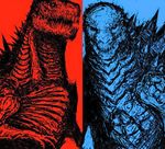  angry blue_background claws digital_media_(artwork) dinosaur gills godzilla godzilla_(series) kaiju nightmare_fuel red_background simple_background sketch spikes spinal_plates teeth 