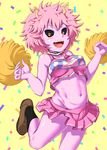  4shi :d ashido_mina black_sclera boku_no_hero_academia breasts cheerleader confetti highres horns medium_breasts midriff miniskirt navel open_mouth pink_hair pom_poms purple_skin skirt smile solo yellow_eyes 