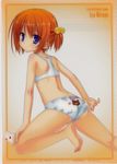  adjusting_panties barefoot blue_eyes bra card_(object) feet hidan_no_aria hiraga_aya kobuichi lingerie looking_at_viewer official_art orange_hair panties print_panties scan short_hair side_ponytail soles solo sports_bra text underwear 