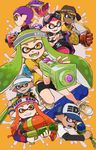  4boys bangs baseball_cap bike_shorts black_eyes blaster_(splatoon) blonde_hair blue_eyes blue_hair blunt_bangs brown_eyes collared_shirt commentary_request domino_mask fangs glasses goggles goggles_on_head green_hair grin hat heavy_splatling_(splatoon) highres holding holding_weapon ink_tank_(splatoon) inkling jacket kinagi_(3307377) layered_clothing long_hair long_sleeves looking_at_viewer mask multiple_boys multiple_girls open_mouth orange_background orange_hair paint_splatter pink_hair pointy_ears purple_hair shirt shoes short_hair short_over_long_sleeves short_sleeves single_vertical_stripe slosher_(splatoon) smile sneakers splat_charger_(splatoon) splat_roller_(splatoon) splatoon_(series) splatoon_1 splattershot_(splatoon) splattershot_jr_(splatoon) sweatband t-shirt tentacle_hair weapon yellow_eyes 