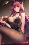  1girl alcohol animal_ears arm_behind_back bangs bare_shoulders black_legwear black_leotard blush bow bowtie breasts bunny_ears couch cup curvy detached_collar eyebrows_visible_through_hair fake_animal_ears fate/grand_order fate_(series) fishnet_pantyhose fishnets glint hair_between_eyes highres holding holding_cup large_breasts legs_crossed leotard light_particles long_hair looking_at_viewer motokonut pantyhose purple_hair red_eyes scathach_(fate)_(all) scathach_(fate/grand_order) shiny shiny_skin sidelocks sitting smile solo very_long_hair wrist_cuffs 