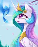  2016 avian bird crown equine feathered_wings feathers female feral friendship_is_magic fur hair hi_res horn jewelry lyra-senpai mammal multicolored_hair my_little_pony necklace outside princess_celestia_(mlp) purple_eyes sky smile solo tree white_feathers white_fur winged_unicorn wings 