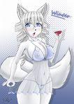  2015 anthro beverage big_breasts blue_eyes blush breasts canine chest_tuft cleavage clothed clothing female food fox fur hi_res holding_object inner_ear_fluff lingerie looking_at_viewer mammal nipple_bulge open_mouth panties pattern_background simple_background solo tuft underwear white_fur winter_(zeroscript) zeroscript 