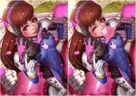  ;) artist_name bodysuit bubble_blowing chewing_gum comparison d.va_(overwatch) facial_tattoo looking_at_viewer magion02 mecha meka_(overwatch) multiple_views one_eye_closed overwatch pilot_suit signature smile tattoo whisker_markings 