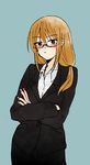  blonde_hair crossed_arms formal gintama glasses highres long_hair mutsu_(gintama) simple_background solo suit 