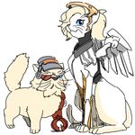  1girl angel_wings animal animalization armor black_eyes blonde_hair blue_sclera brown_cat cat cat_focus closed_mouth clothed_animal eyepatch flat_color fluffy full_body fur grumpy hair_over_one_eye halo hatching_(texture) headband helmet lillu long_hair looking_at_viewer lowres machinery mask mask_on_head mechanical_wings mercy_(overwatch) overwatch paws ponytail prosthesis prosthetic_leg simple_background sitting sketch slit_pupils smile standing torbjorn_(overwatch) welding_mask whiskers white_background white_cat white_fur wings yellow_fur 