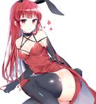  animal_ears bad_id bad_pixiv_id bangs bare_shoulders black_gloves black_legwear bunny_ears bunny_tail choker crimson_avenger_(elsword) dress elesis_(elsword) elsword gloves long_hair looking_at_viewer parted_lips pinb red_dress red_eyes red_hair shadow shiny shiny_skin simple_background solo tail thighhighs white_background 