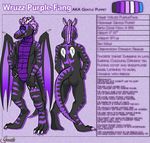  2016 anthro black_scales blue_eyes claws digital_media_(artwork) digitigrade dragon english_text gentle_puppet hair horn male model_sheet mohawk navel nude purple_hair purple_scales scales scalie solo text toe_claws wings wruzz_purplefang 