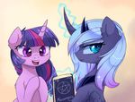  2016 book crown duo english_text equine feathered_wings feathers female feral friendship_is_magic gradient_background hair horn jewelry lyra-senpai magic mammal multicolored_hair my_little_pony necklace pentagram princess_luna_(mlp) simple_background smile text twilight_sparkle_(mlp) unicorn winged_unicorn wings young 