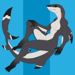  2016 anthro black_eyes black_skin blue_background breasts featureless_breasts female fin fish fivel gills grey_sclera grey_skin half-closed_eyes hand_on_leg looking_at_viewer marine navel nude pose shark simple_background smile solo white_skin 