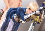  1girl ahoge armor artoria_pendragon_(all) bad_id bad_pixiv_id bent_over blonde_hair blush braid breastplate doggystyle dress dress_lift excalibur eyebrows_visible_through_hair fate/stay_night fate_(series) gauntlets green_eyes hetero long_sword nanahime panties panty_pull planted_sword planted_weapon saber sex sidelocks solo_focus standing_sex sword underwear weapon white_panties 