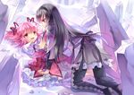  2girls akemi_homura bow brown_hair crying kaname_madoka long_hair mahou_shoujo_madoka_magica pink_eyes pink_hair possible_duplicate ribbons rie_(reverie) skirt stockings tears twintails water 