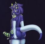  2016 anthro black_background blue_hair blue_penis blue_skin butt dax daxzor dragon english_text erection furgonomics girly green_eyes green_lips green_nipples green_penis green_skin hair hand_on_butt humanoid_penis long_hair looking_at_viewer looking_back male mostly_nude nipples penis rear_view scalie signature simple_background solo stripes tailwear teeth text 