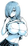  bikini_top blush breasts hair_ornament hair_over_one_eye hairclip hamakaze_(kantai_collection) highres huge_breasts ijima_yuu kantai_collection looking_at_viewer micro_bikini_top midriff monochrome navel sailor_collar school_uniform serafuku shirt_lift short_hair short_sleeves simple_background solo underboob white_background 