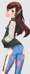  ass bad_id bad_twitter_id bodysuit brown_eyes brown_hair bubble_blowing chewing_gum clothes_writing d.va_(overwatch) english facial_mark from_behind hands_in_pockets headphones jacket letterman_jacket long_hair looking_at_viewer looking_back natsuhara overwatch simple_background solo sweater_vest whisker_markings 