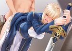  1girl ahoge artoria_pendragon_(all) bad_id bad_pixiv_id bent_over blonde_hair blush braid doggystyle dress dress_lift excalibur eyebrows_visible_through_hair fate/stay_night fate_(series) green_eyes hetero long_sword nanahime one_eye_closed open_mouth panties panty_pull planted_sword planted_weapon saber sex sidelocks solo_focus standing_sex sword tears underwear weapon white_panties 