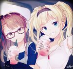  :3 alternate_costume bangs beatrix_(granblue_fantasy) belldot bespectacled blonde_hair blue_eyes blue_ribbon blue_shirt breasts brown-framed_eyewear brown_eyes brown_hair casual closed_eyes closed_mouth contemporary cream cup drink drinking_straw earrings eyebrows eyebrows_visible_through_hair eyelashes flat_chest friends glasses granblue_fantasy green_nails grin hair_ornament hair_ribbon hairband head_tilt indoors jewelry long_hair looking_at_viewer multiple_girls nail_polish necklace one_side_up overalls red_nails ribbon shirt short_sleeves signature sketch smile starbucks swept_bangs t-shirt twintails upper_body white_shirt yellow_eyes zeta_(granblue_fantasy) 