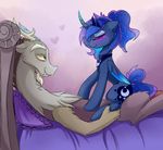 &lt;3 2016 antlers bed blue_hair blush crown cutie_mark discord_(mlp) draconequus duo equine eyes_closed fangs feathered_wings feathers female feral friendship_is_magic hair horn jewelry lying lyra-senpai male mammal my_little_pony necklace on_bed pillow princess_luna_(mlp) winged_unicorn wings 