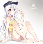 alternate_costume anchor_symbol arm_support bare_legs bare_shoulders barefoot blue_eyes blush character_name collarbone commentary_request feet flat_cap full_body hat hibiki_(kantai_collection) kantai_collection knees_up legs long_hair looking_at_viewer multicolored multicolored_nails nail_polish panties panty_peek shijima_(sjmr02) short_shorts shorts silver_hair simple_background sitting sleeveless solo tank_top toenail_polish toes twitter_username underwear v 