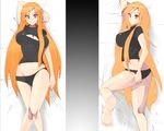  arm_behind_head bad_id bad_pixiv_id barefoot black_panties black_shirt breasts cleavage_cutout dakimakura highres jont large_breasts long_hair looking_at_viewer lying mikuni_kumi multiple_views mx0 on_back on_side orange_eyes orange_hair panties shirt sketch smile underwear very_long_hair 