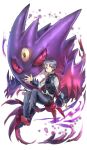  1boy boots creatures_(company) darkness expressionless game_freak gen_1_pokemon gengar grey_eyes grey_hair grin highres interitio looking_at_viewer mega_pokemon nintendo original pokemon pokemon_(creature) red_eyes red_sclera smile teeth third_eye transparent_background vest 