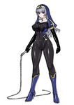  black_bodysuit blue_eyes blue_footwear bodysuit boots breasts cameltoe covered_navel covered_nipples elbow_gloves gloves habit high_heel_boots high_heels knee_boots large_breasts latex long_hair nun original rindou_(radical_dream) silver_hair skin_tight solo weapon whip 