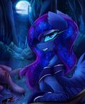  2016 blood blue_eyes blue_feathers blue_fur blue_hair corpse death equine feathered_wings feathers female feral forest friendship_is_magic fur hair hi_res horn insane jewelry landscape looking_at_viewer lyra-senpai mammal moon my_little_pony nature necklace night outside plant princess_luna_(mlp) sky smile solo star tree winged_unicorn wings 