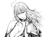  asymmetrical_clothes bikini breasts collarbone greyscale kurofood large_breasts lips long_hair looking_to_the_side monochrome pauldrons solo swimsuit 