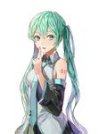  aqua_eyes bare_shoulders detached_sleeves finger_to_mouth green_hair hatsune_miku highres kim_eb long_hair looking_at_viewer looking_away nail_polish necktie open_mouth pleated_skirt shushing simple_background skirt solo tie_clip twintails vocaloid white_background 