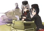  artist_name backlighting black_hair blurry dated depth_of_field garrison_cap geshiko_(girls_und_panzer) girls_und_panzer glasses green_eyes ground_vehicle hat headset highres itsumi_erika kuromorimine_military_uniform long_hair looking_at_another looking_to_the_side map military military_uniform military_vehicle motor_vehicle multiple_girls panzerkampfwagen_iii pointing sangou_(girls_und_panzer) short_hair signature silver_hair simple_background tank tokihama_jirou uniform white_background 