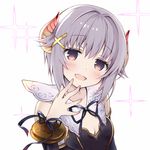  :d blush breasts cleavage_cutout granblue_fantasy hair_ornament hairclip horns idolmaster idolmaster_cinderella_girls kanora koshimizu_sachiko lavender_hair looking_at_viewer open_mouth purple_eyes short_hair simple_background small_breasts smile solo upper_body white_background x_hair_ornament 