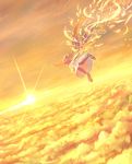  above_clouds ahoge back blonde_hair commentary_request dress dutch_angle fantasy flying from_behind glowing lens_flare light_particles long_hair low_wings midair original outstretched_arms sakimori_(hououbds) scenery shoe_soles shoes short_sleeves sky solo spread_arms sun upskirt wings yellow yellow_sky 