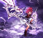  arm_up electricity full_body harusame_(unmei_no_ikasumi) horikawa_raiko jacket lightning long_sleeves looking_at_viewer necktie open_clothes open_jacket open_mouth red_eyes red_hair shirt skirt smile solo touhou 