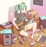  acoustic_guitar ahoge animal artist_name bare_legs barefoot black_shirt box cable cardboard_box castanets cat cd cloba closed_mouth collared_shirt computer copyright_name cover cube figure full_body green_eyes green_hair green_skirt guitar hatsune_miku headphones headphones_removed in_box in_container indian_style indoors instrument keyboard_(instrument) laptop long_hair microphone miniskirt music number peeking peeking_out plaid playing_instrument plectrum poster_(object) rattle shirt short_sleeves sitting skirt smile solo speaker spread_legs vocaloid whiskers wing_collar wooden_floor 