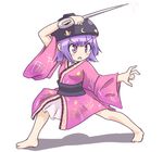  barefoot bowl fighting_stance gplnbeat holding_needle japanese_clothes kimono needle purple_eyes purple_hair solo stance sukuna_shinmyoumaru touhou 