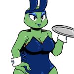  2018 anthro big_breasts blue_eyes blue_nails breasts bunny_costume cleavage clothed clothing colored_nails costume crossgender eyeshadow fake_ears fake_rabbit_ears female hand_on_hip holding_object inkyfrog leonardo_(tmnt) lipstick makeup plate reptile rosy_cheeks scalie shell shirt_cuffs simple_background smile solo teenage_mutant_ninja_turtles turtle white_background 